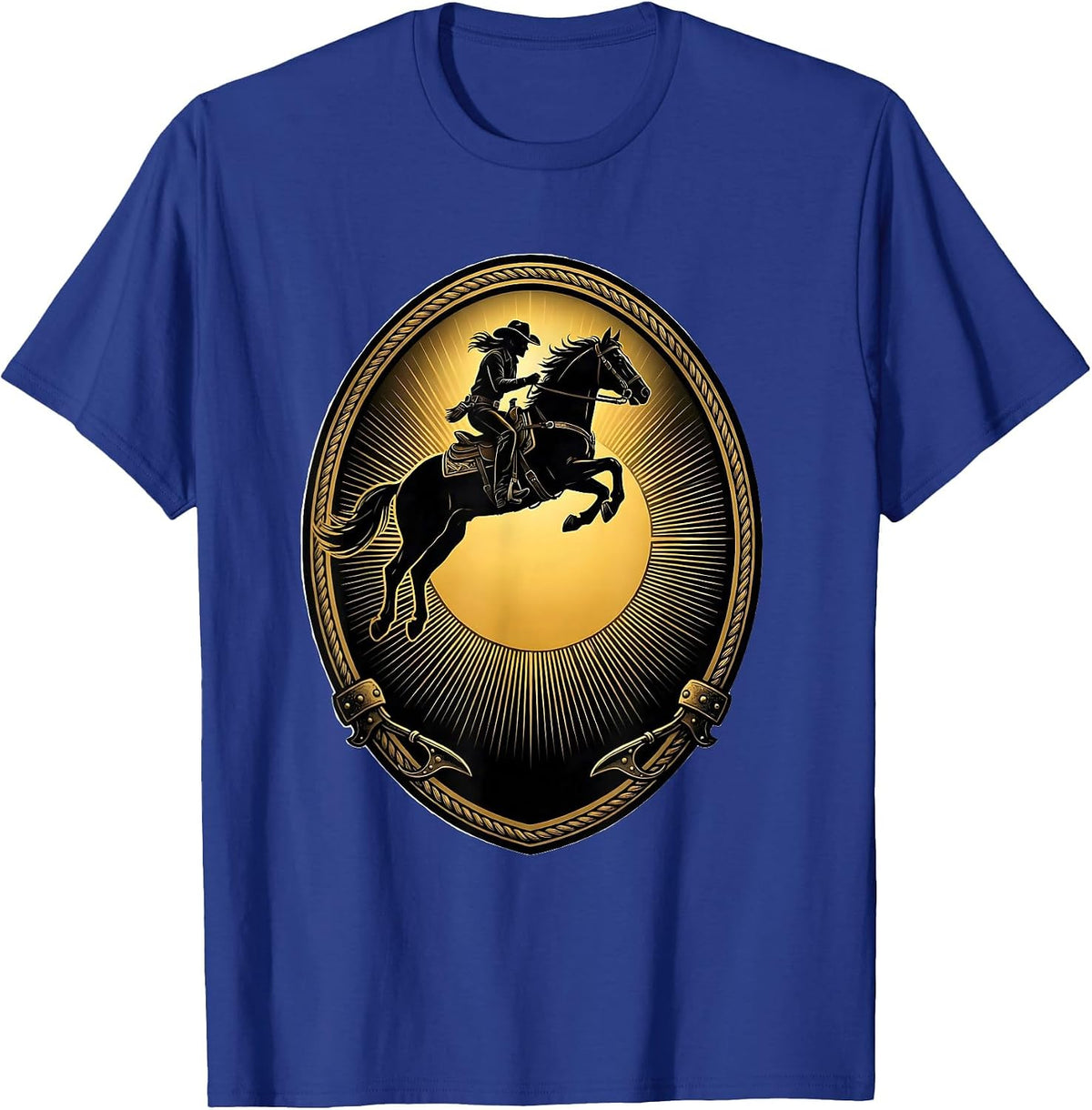 Cowgirl and Horse Jumping Over Setting Sun T-Shirt - Royal Blue