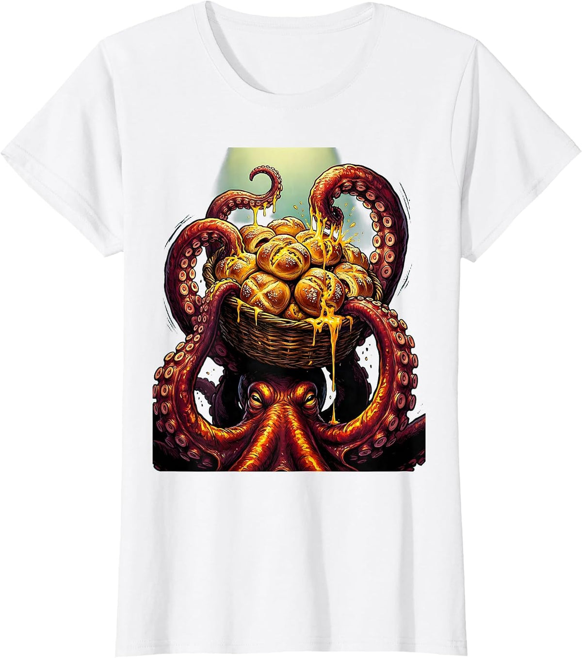 Octopus Cheesy Bread Basket Funny Food Art T-Shirt - White