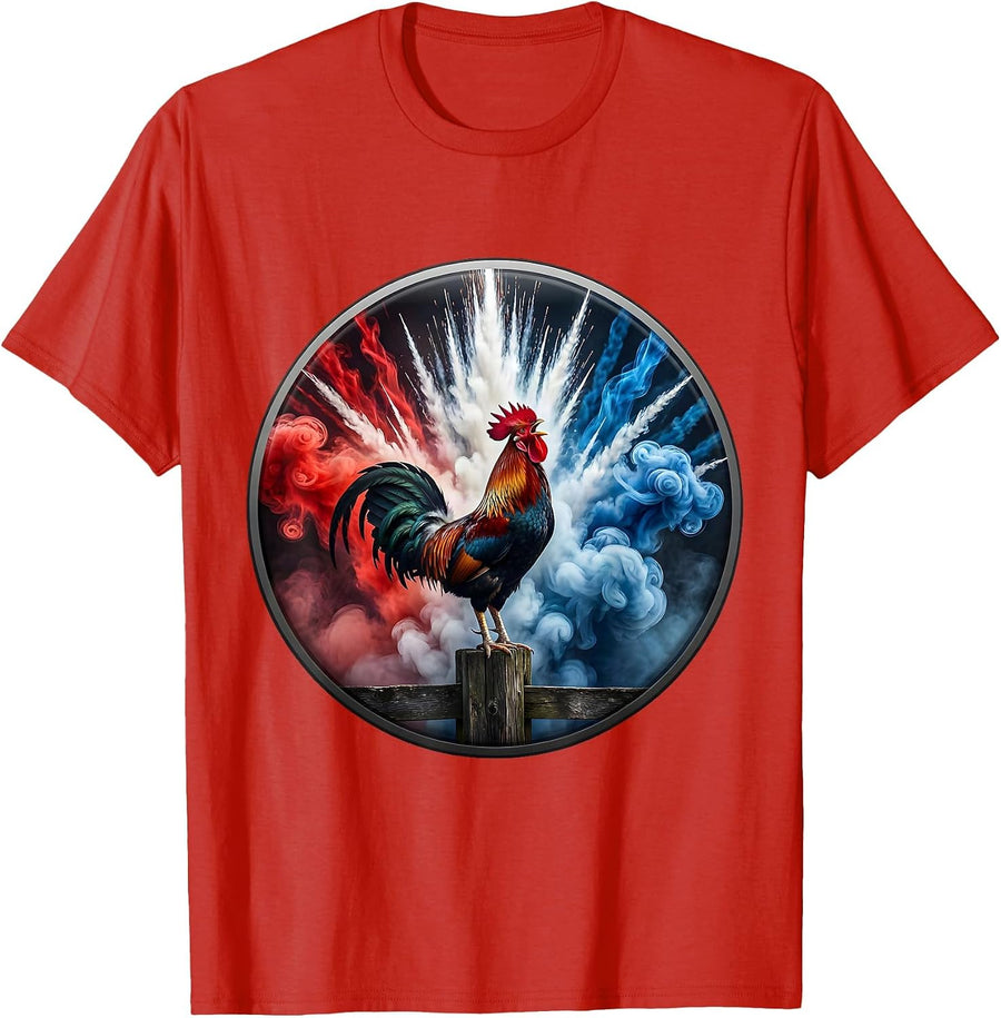Men's Patriotic Rooster Crowing at Dawn Fence Post T-Shirt - Red