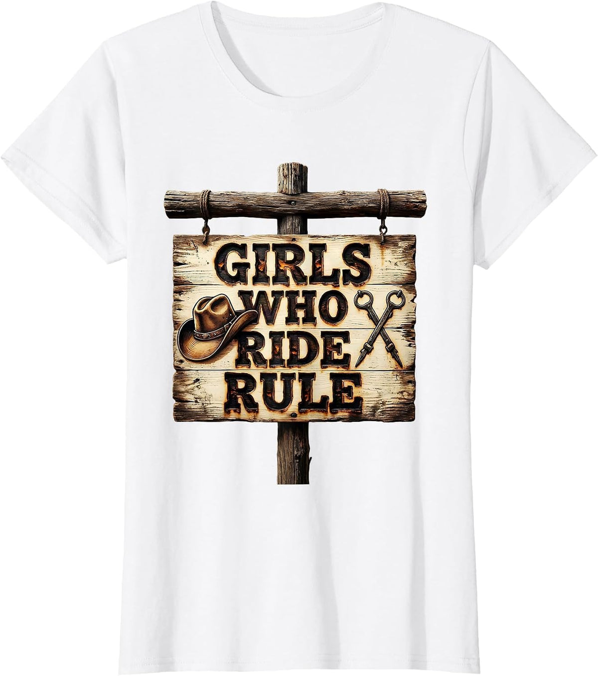 Girls Who Ride Rule Cowgirl Design T-Shirt - White