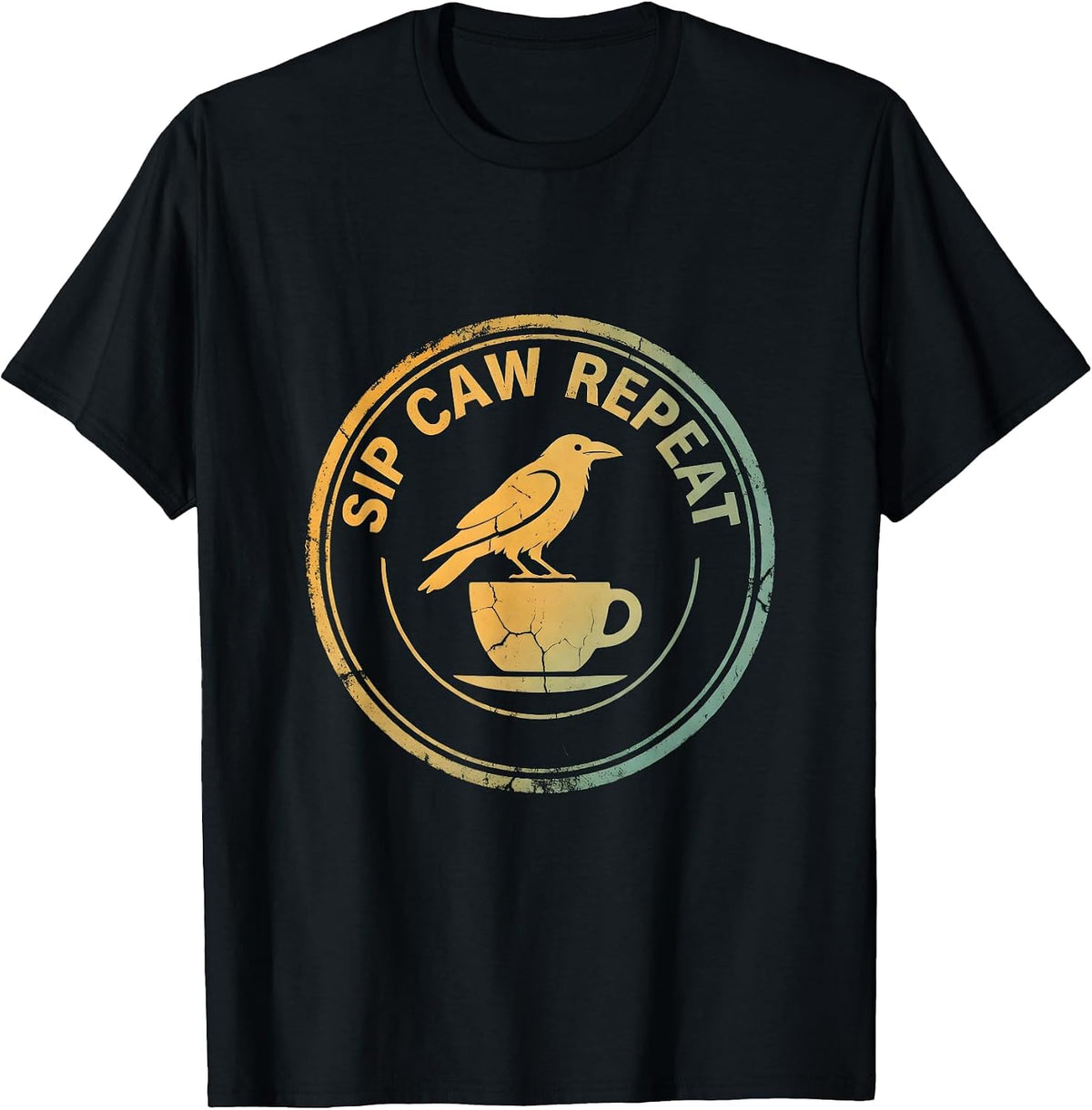 Men's Sip Caw Repeat Funny Crow Coffee Design T-Shirt - Black