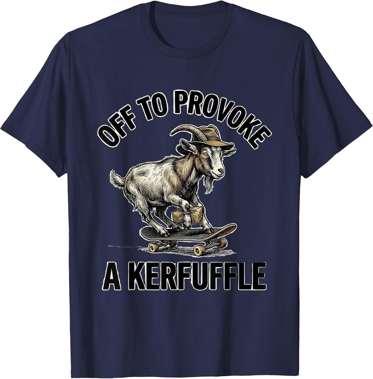 Men's Off To Provoke A Kerfuffle Hand Sketched Whimsical Goat T-Shirt - Navy Blue