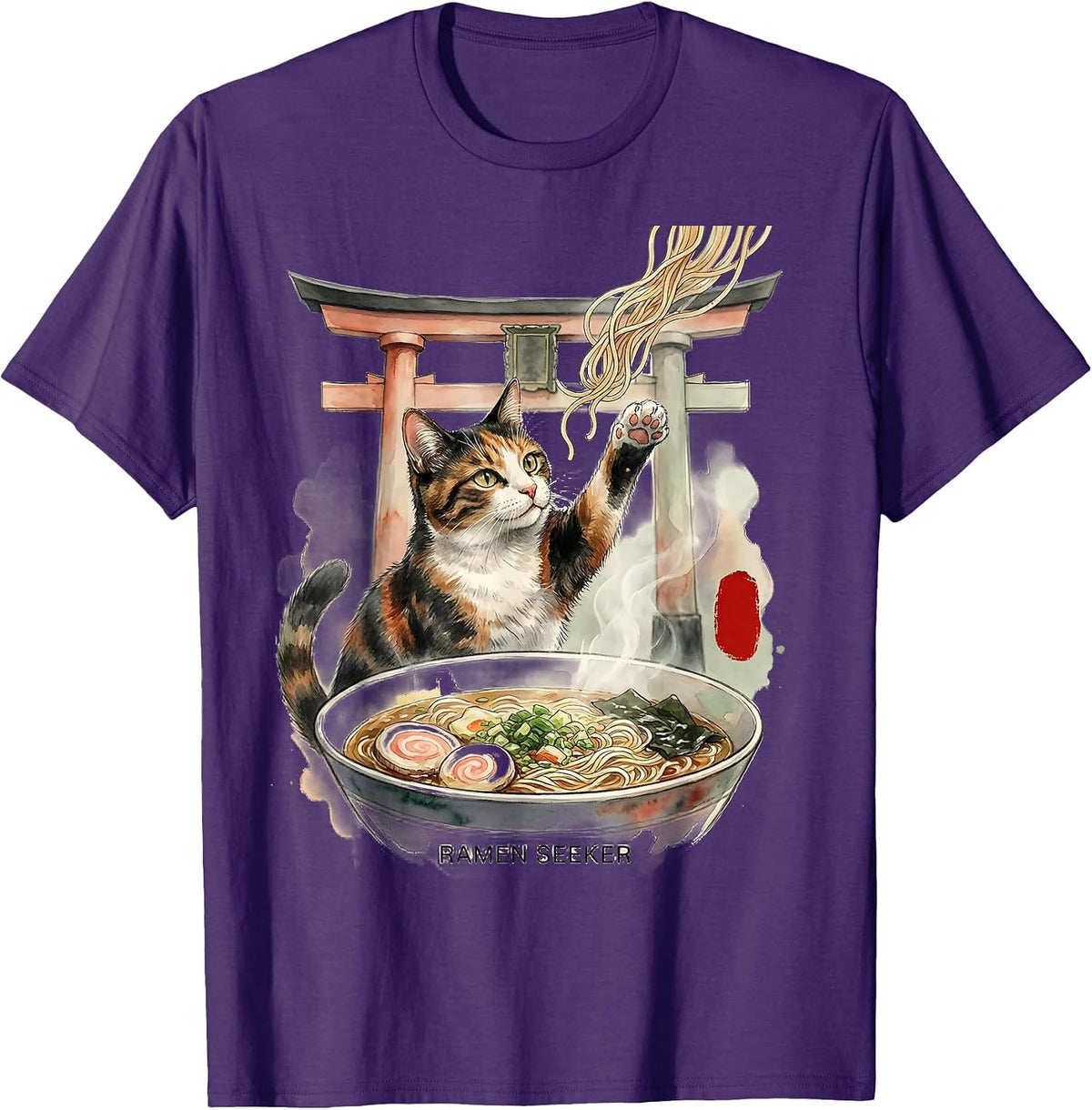Ramen Seeker Watercolor Cat Japanese Kawaii Anime Gift T-Shirt - Purple