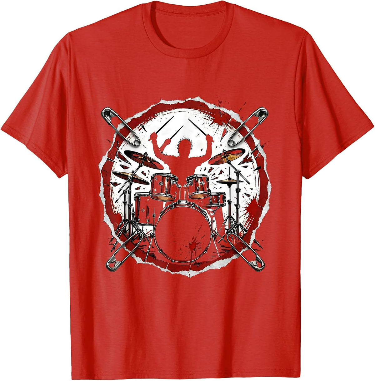 Men's Drummer Silhouette Exploding Drum Kit Rock Design T-Shirt - Red