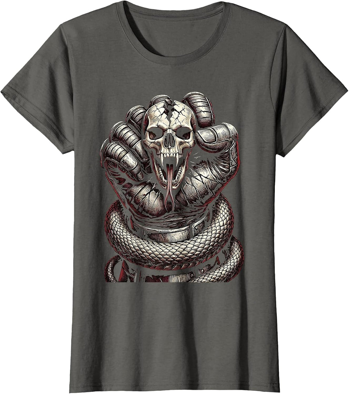 Women's Gloved Fist Crushing Serpent Skull Graphic T-Shirt - Asphalt Grey