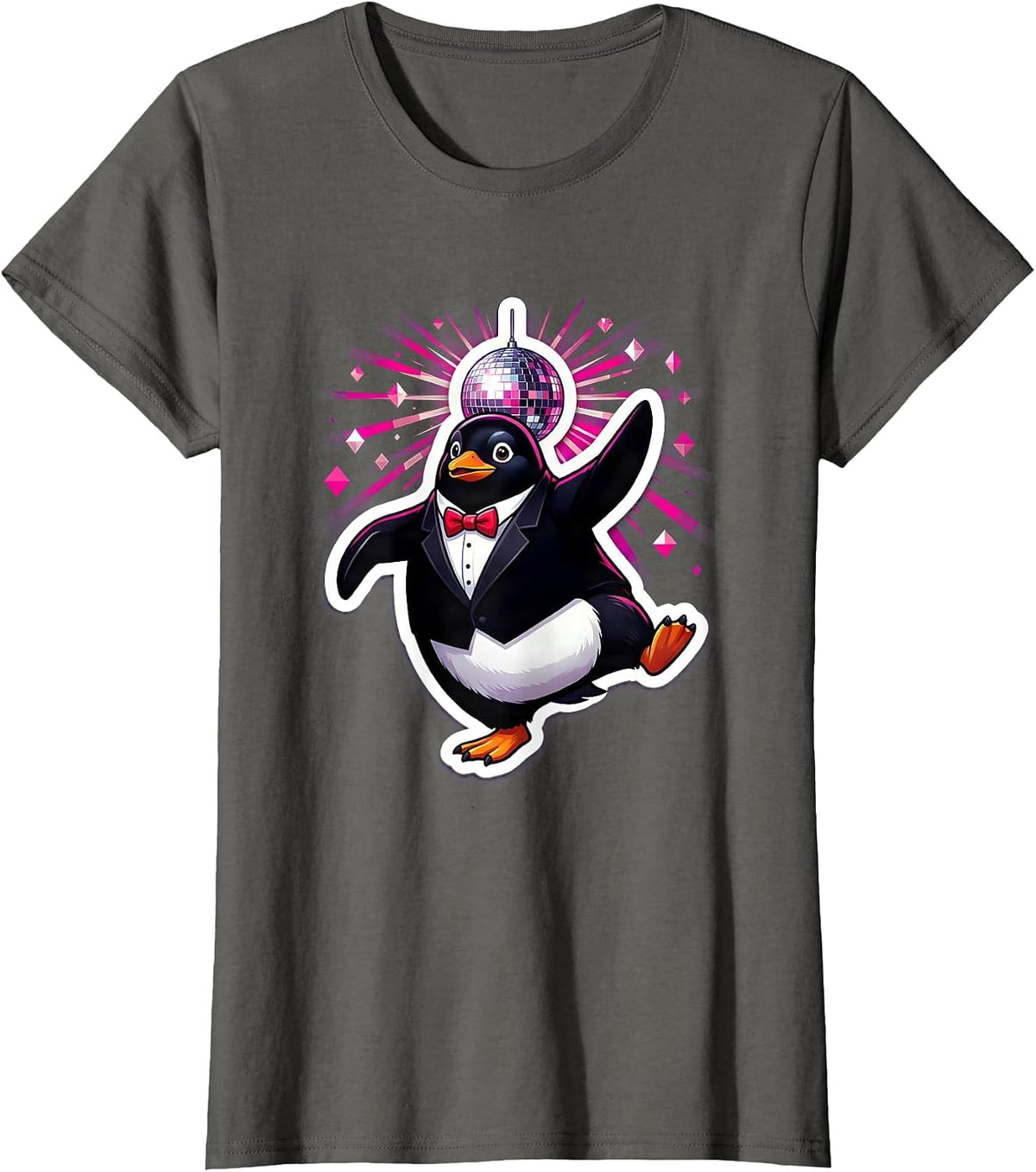 Women's Penguin in Tuxedo Dancing Under Disco Ball T-Shirt - Asphalt Grey