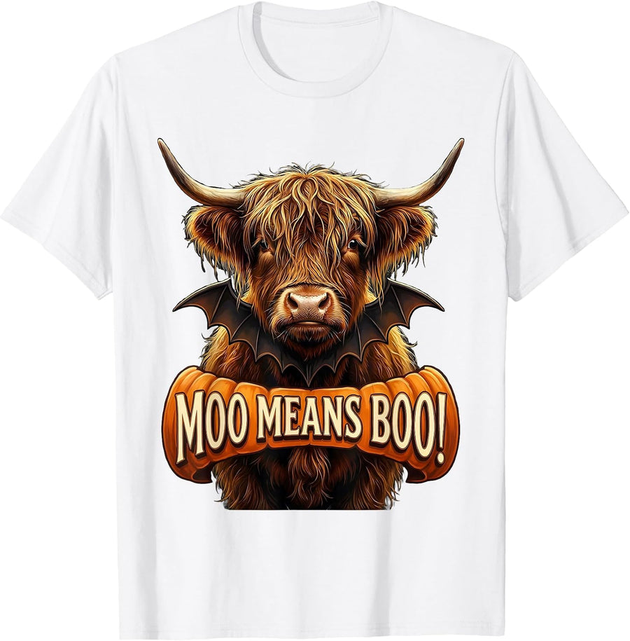 Men's Moo Means Boo! Whimsical Highland Cow Fall Halloween Humor T-Shirt - White