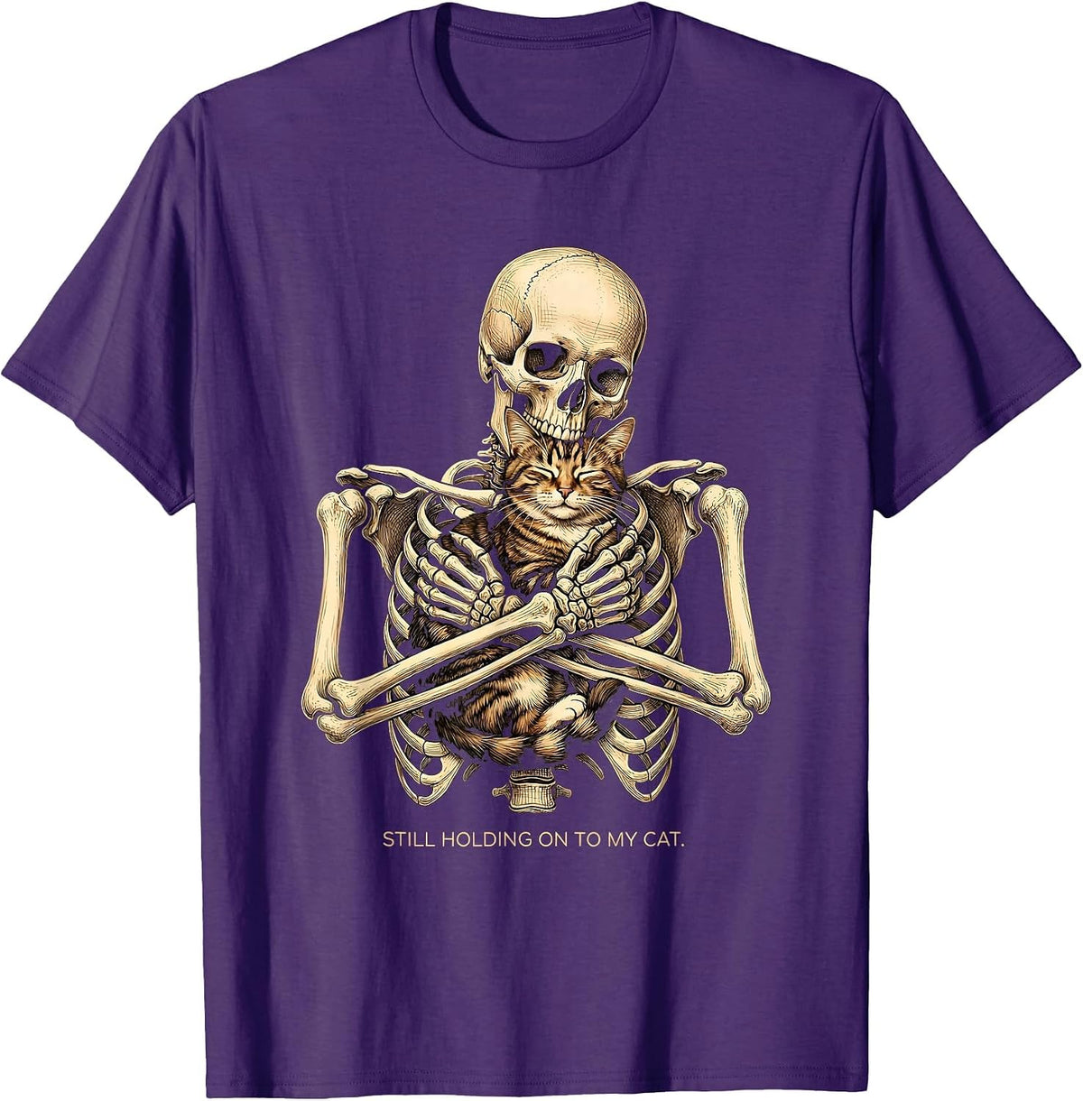 Men's Still Holding On To My Cat Funny Skeleton Hugging Cat T-Shirt - Purple