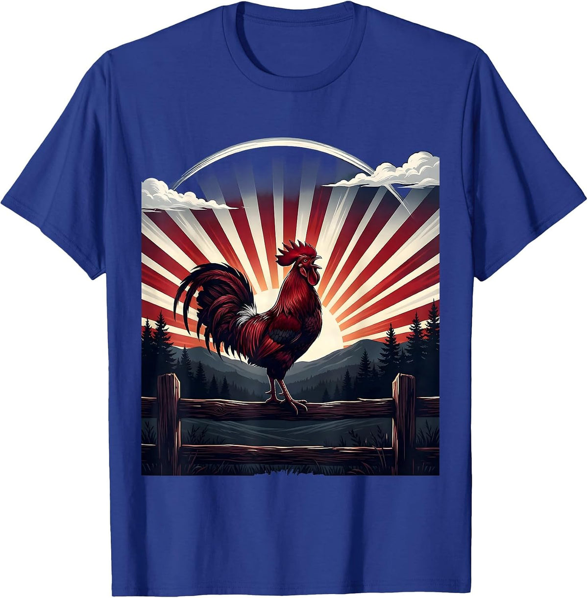 Rooster Crowing at Sunrise Red Sky Illustration T-Shirt - Royal Blue