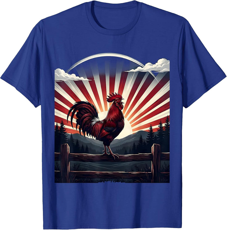 Rooster Crowing at Sunrise Red Sky Illustration T-Shirt - Royal Blue