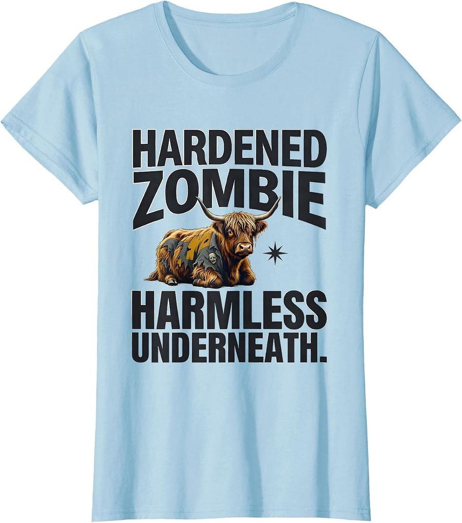 Women's Hardened Zombie Harmless Underneath Highland Cow Halloween T-Shirt - Baby Blue