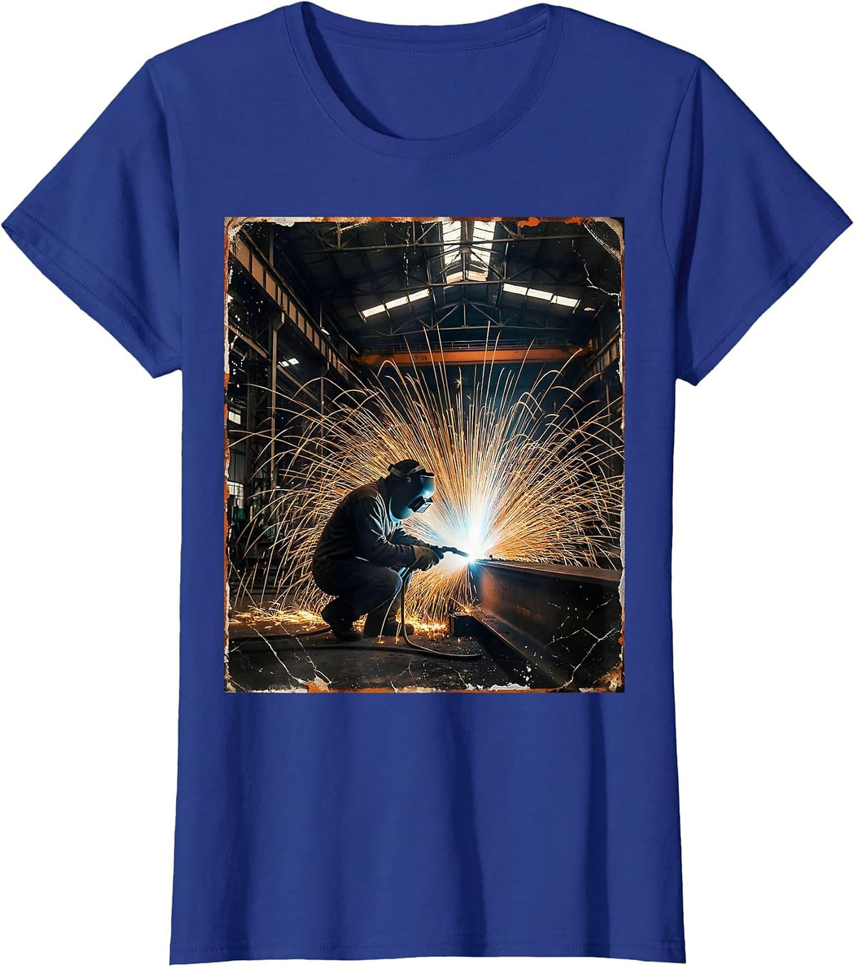 Women's Arc Flash Welder Dark Industrial Warehouse Scene T-Shirt - Royal Blue