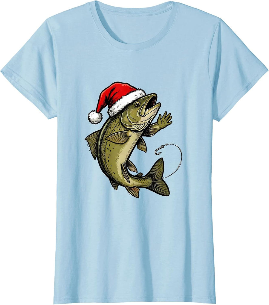 Women's Leaping Trout Santa Hat Christmas Fishing Gift T-Shirt - Baby Blue