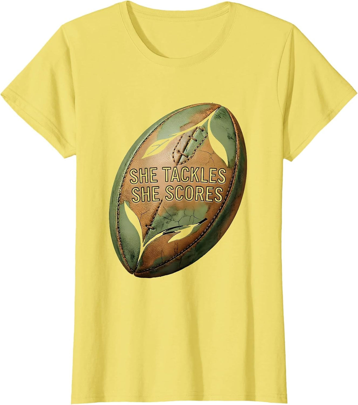 She Tackles She Scores Rugby Graphic Design T-Shirt - Lemon Yellow