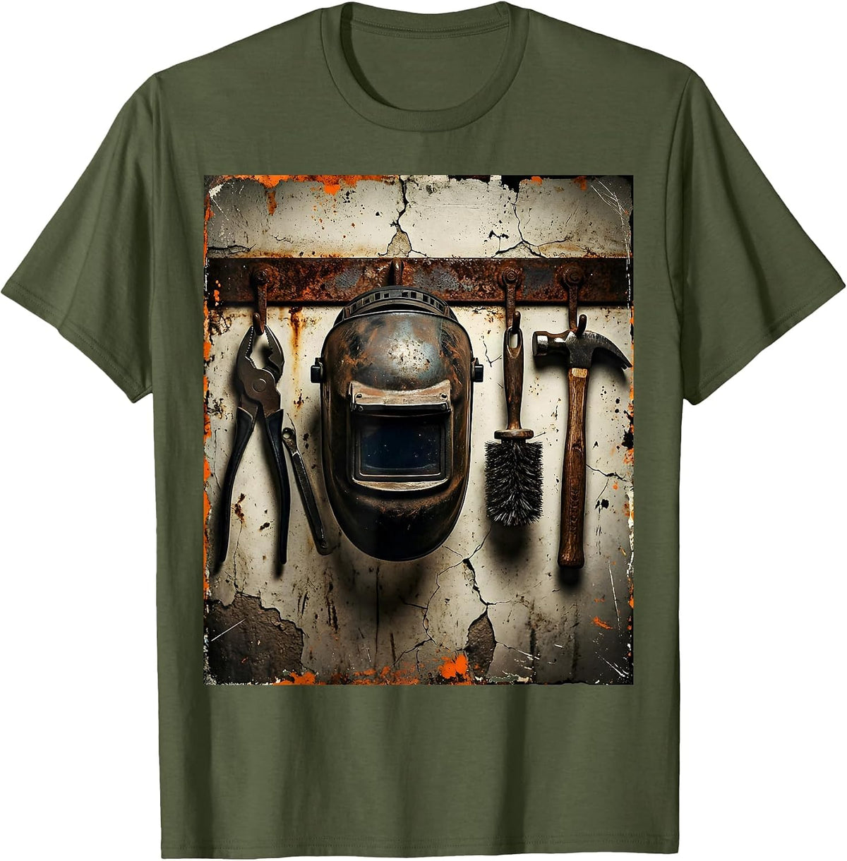 Welder Mask Workshop Wall Tools Illustration T-Shirt - Olive Green