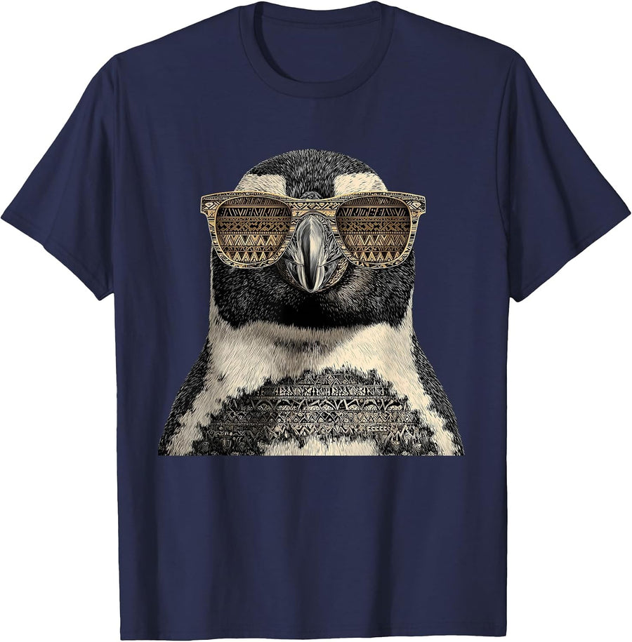 Penguin Wearing Sunglasses Motif Ocean Penguin Animal Lover T-Shirt - Navy Blue