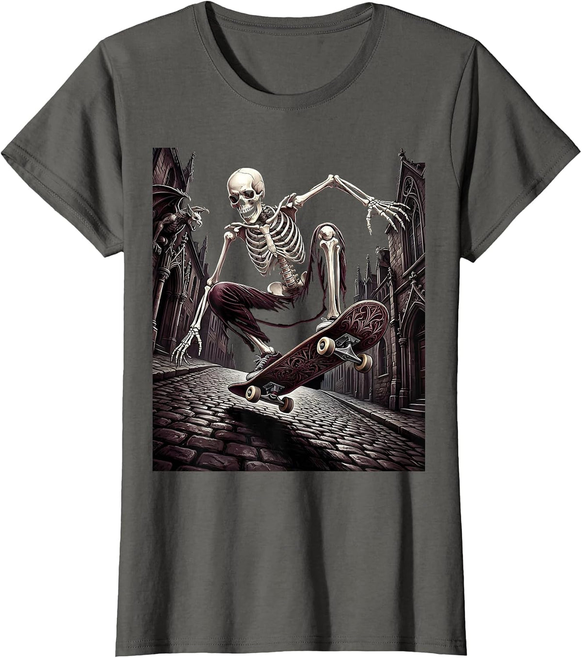 Women's Skeleton Skater Urban Downhill Graphic T-Shirt - Asphalt Grey