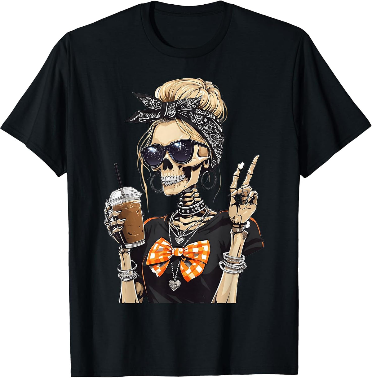 Skeleton Girl Drinking Coffee Peace Sign Graphic for Women T-Shirt - Black