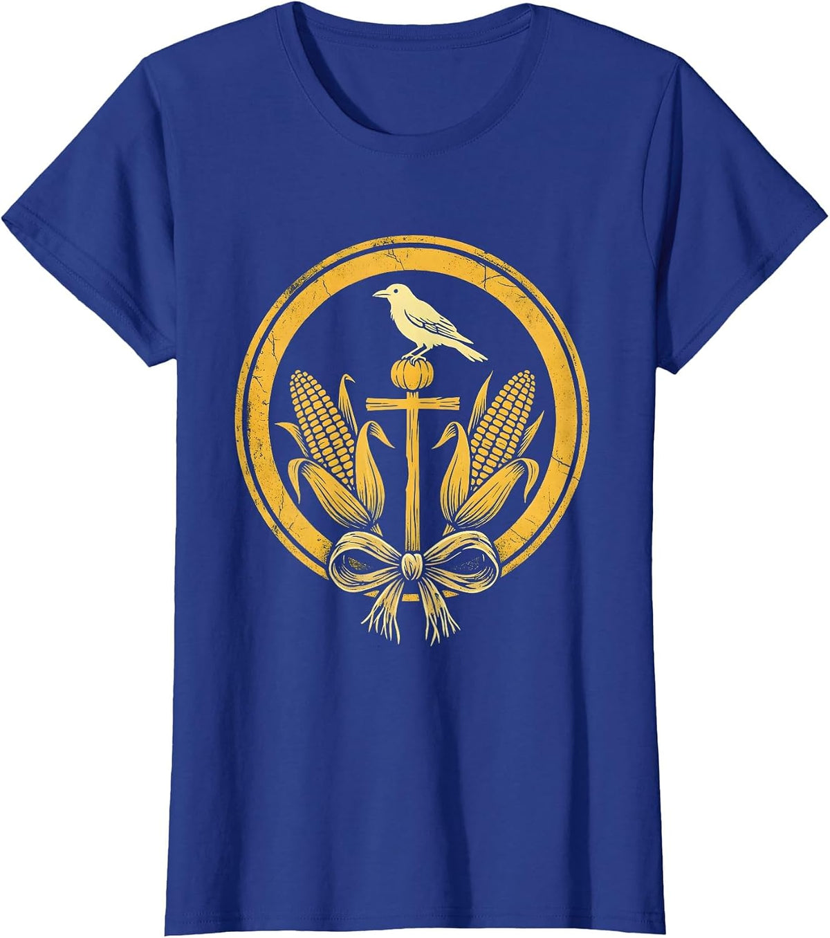 Women's Crow on Scarecrow Fall Cornfield Illustration T-Shirt - Royal Blue