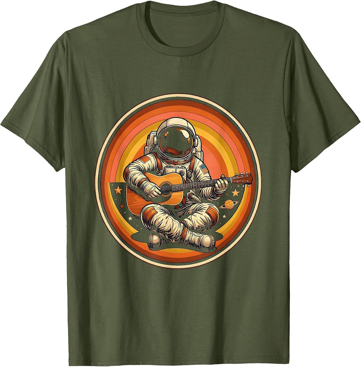 Astronaut Acoustic Guitar Player in Space T-Shirt - Olive Green