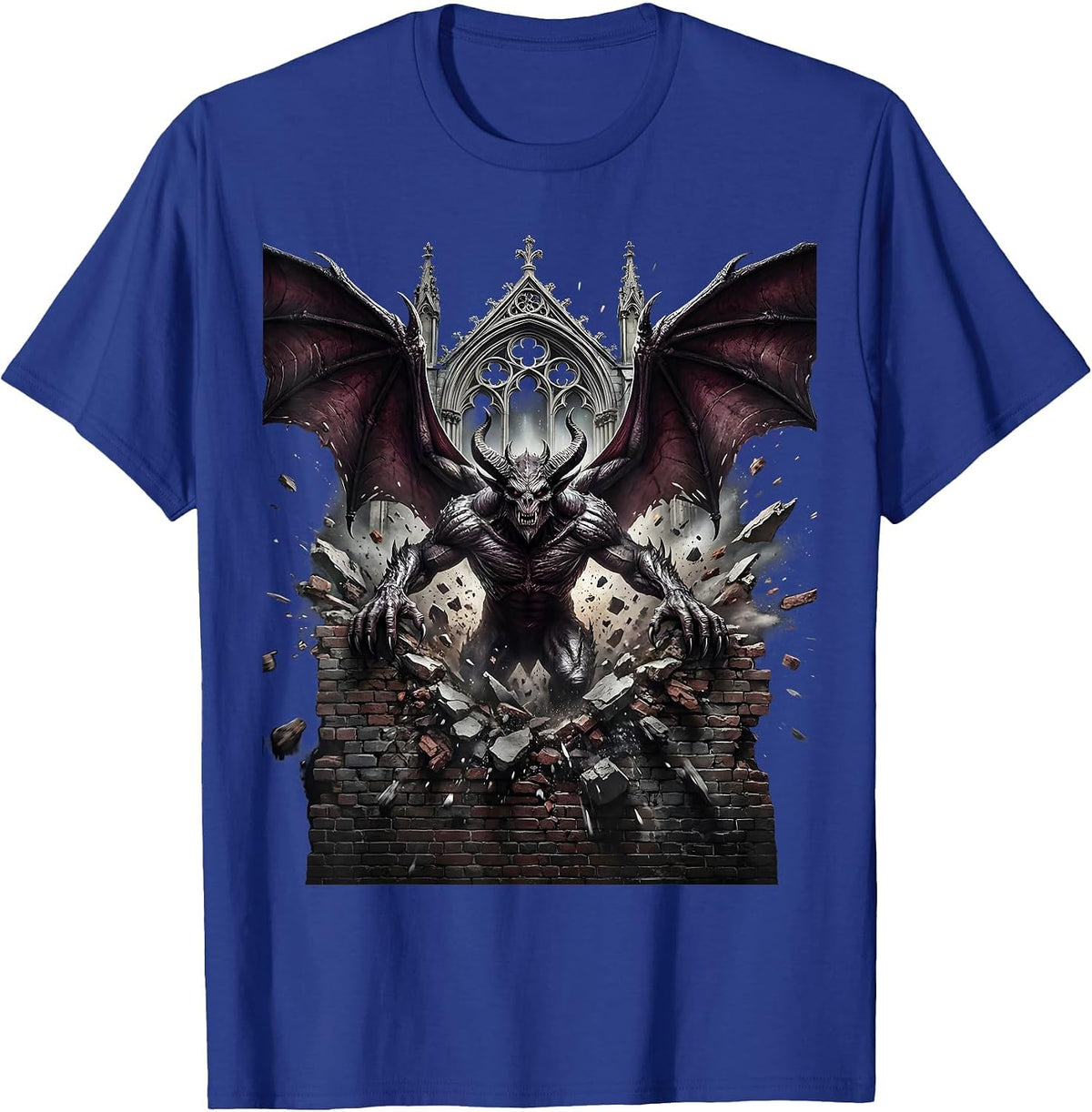 Winged Demon Bursting Through Brick Wall T-Shirt - Royal Blue