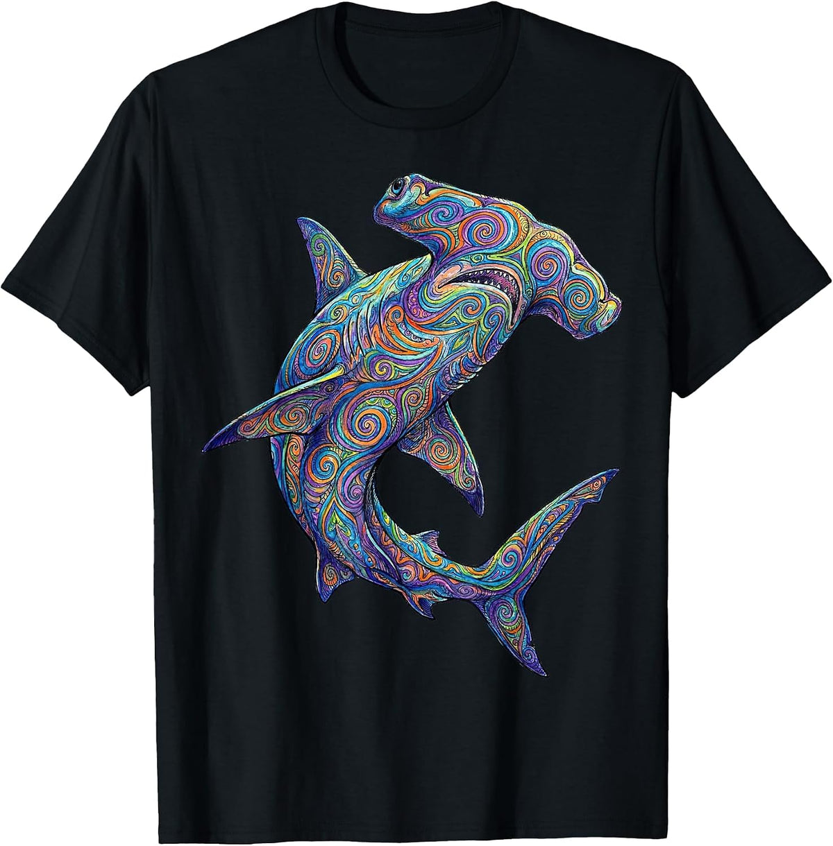 Colorful Hammerhead Shark Abstract Ocean Art Marine Life T-Shirt - Black