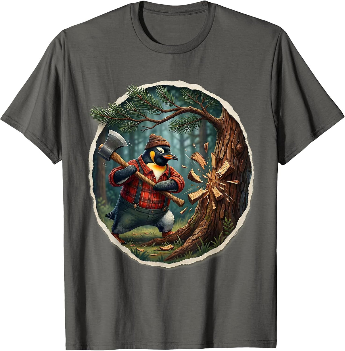 Men's Penguin Lumberjack Swinging Axe at Giant Tree T-Shirt - Asphalt Grey