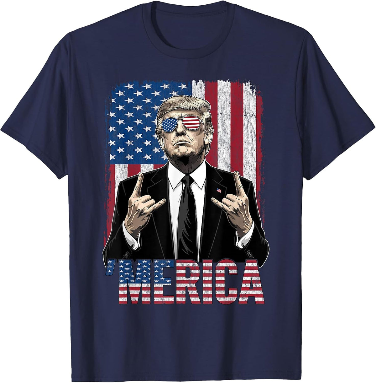 Merica Trump Shirt Funny Trump 4th of July American USA Flag T-Shirt - Navy Blue