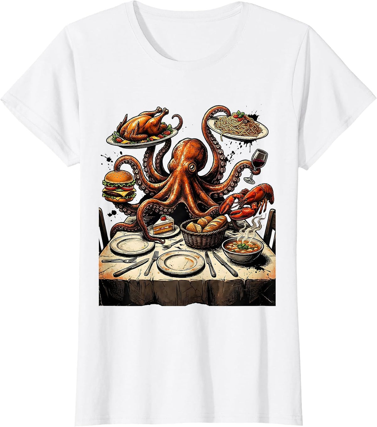 Octopus Stealing Food at Restaurant Table T-Shirt - White