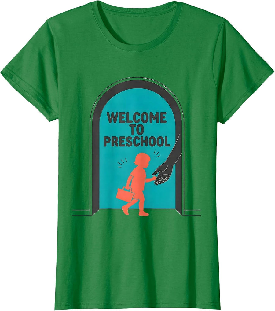 Women's Welcome To Preschool Midcentury Modern Teacher Appreciation T-Shirt - Kelly Green