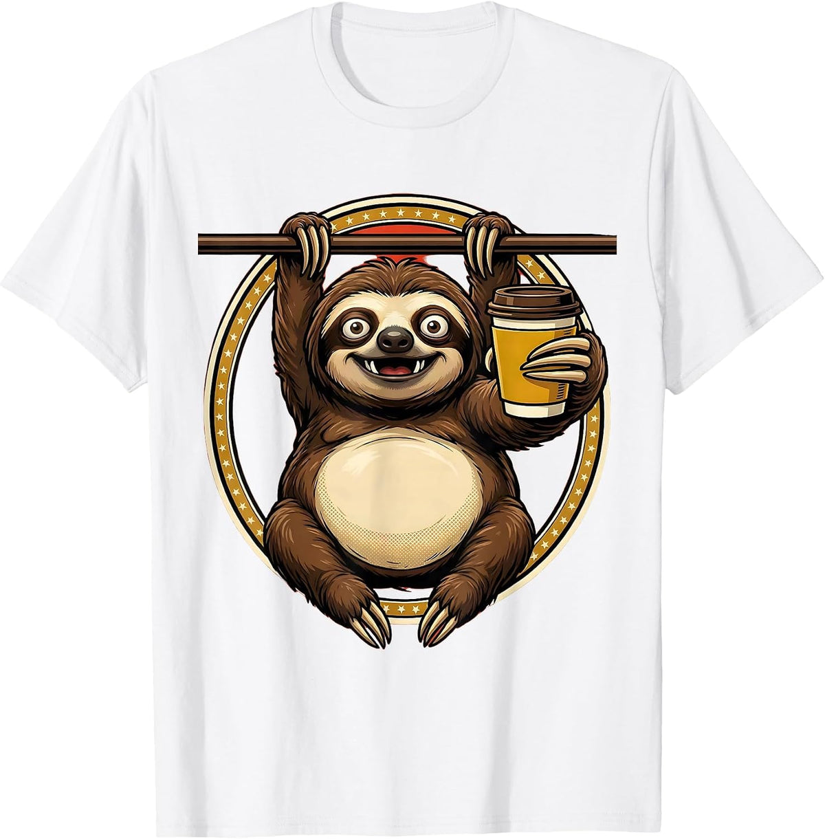 Men's Funny Sloth Hanging With Coffee Graphic T-Shirt - White