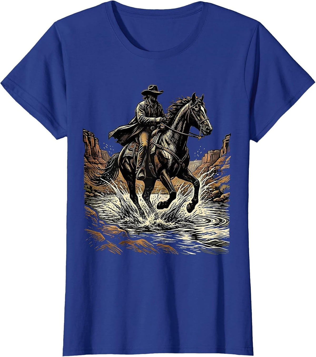 Women's Cowboy on Horseback River Crossing Graphic T-Shirt - Royal Blue