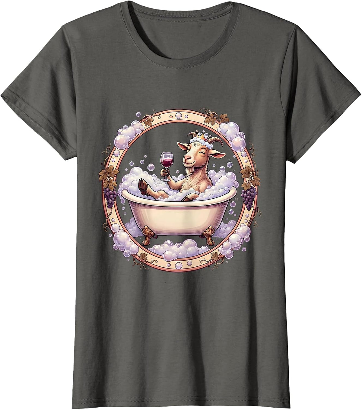 Women's Goat In Bath Bubbles Drinking Wine Funny T-Shirt - Asphalt Grey