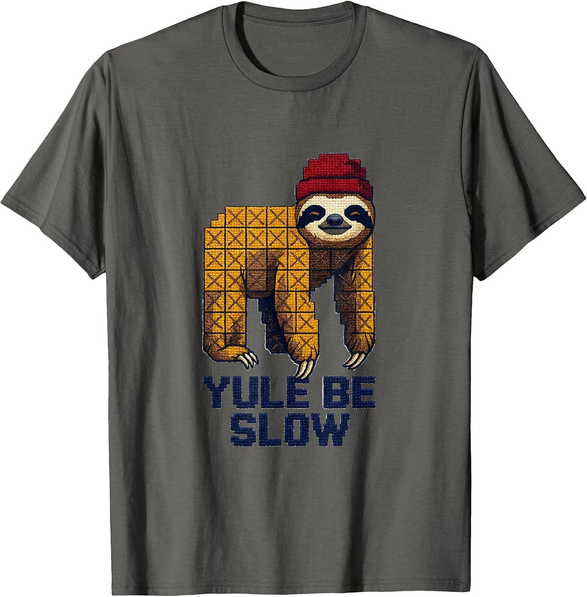 Men's Yule Be Slow Cross Stitch Sampler Funny Sloth Lover T-Shirt - Asphalt Grey
