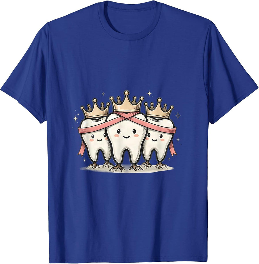 Three Teeth Pink Ribbon Dental Breast Cancer Awareness T-Shirt - Royal Blue