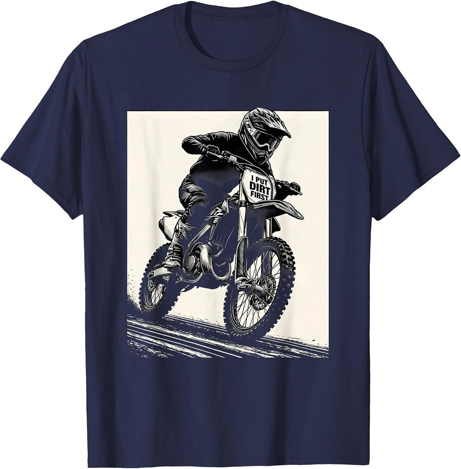 I Put Dirt First Scratchboard Motocross Dirt Bike Rider T-Shirt - Navy Blue
