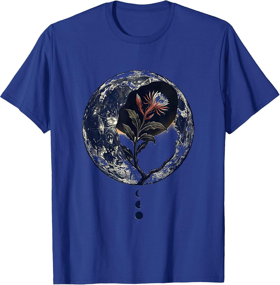 Lunar Crescent Night-Blooming Stem Linocut Boho Celestial T-Shirt - Royal Blue