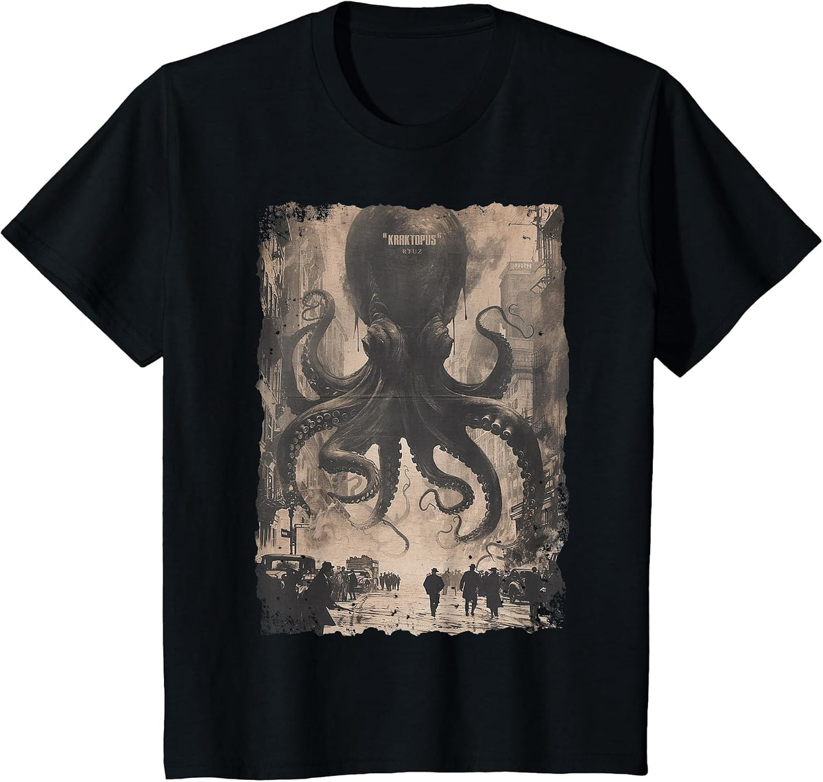 Y2K Streetwear Vintage Fashion Octopus Horror Monster Kraken T-Shirt - Black
