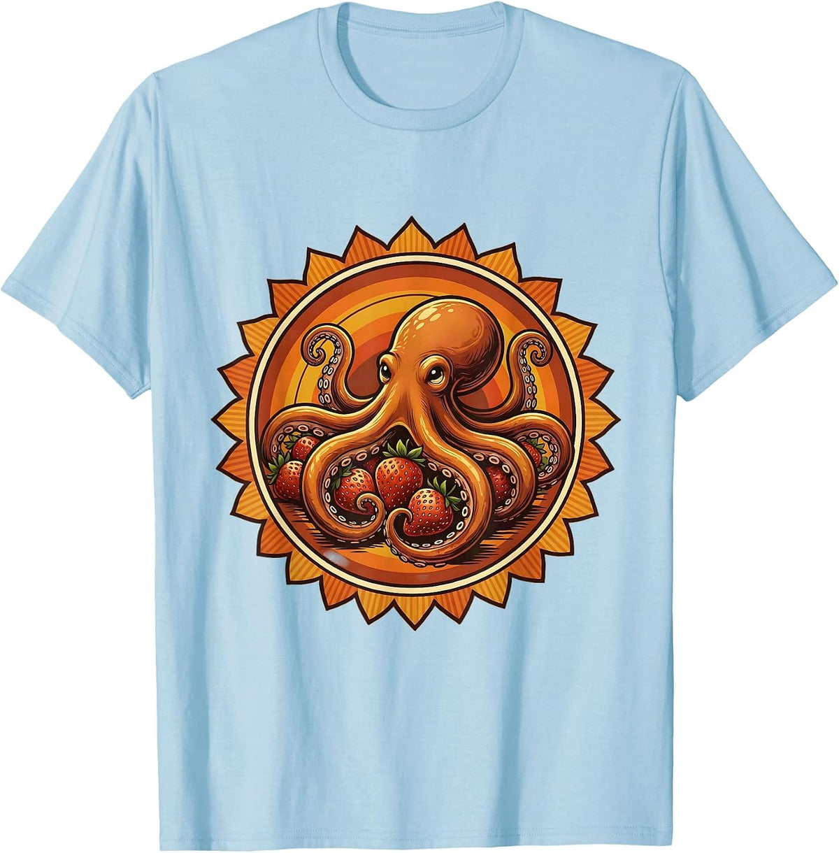 Octopus Hugging Strawberries Cute Fruit Art T-Shirt - Baby Blue