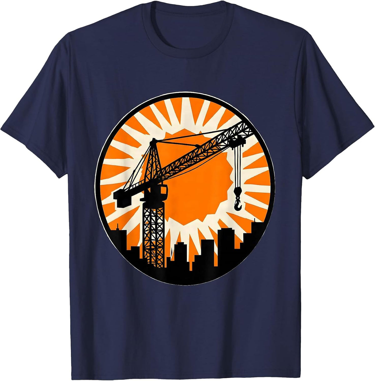 Construction Crane Silhouette Sunset Graphic T-Shirt - Navy Blue