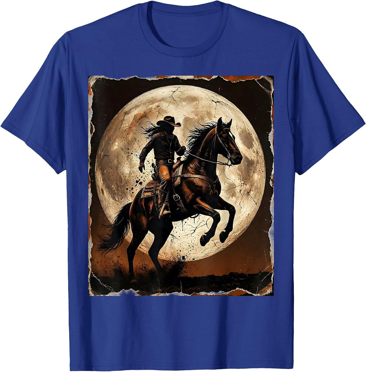 Men's White Cowgirl Rearing Horse Full Moon Graphic T-Shirt - Royal Blue