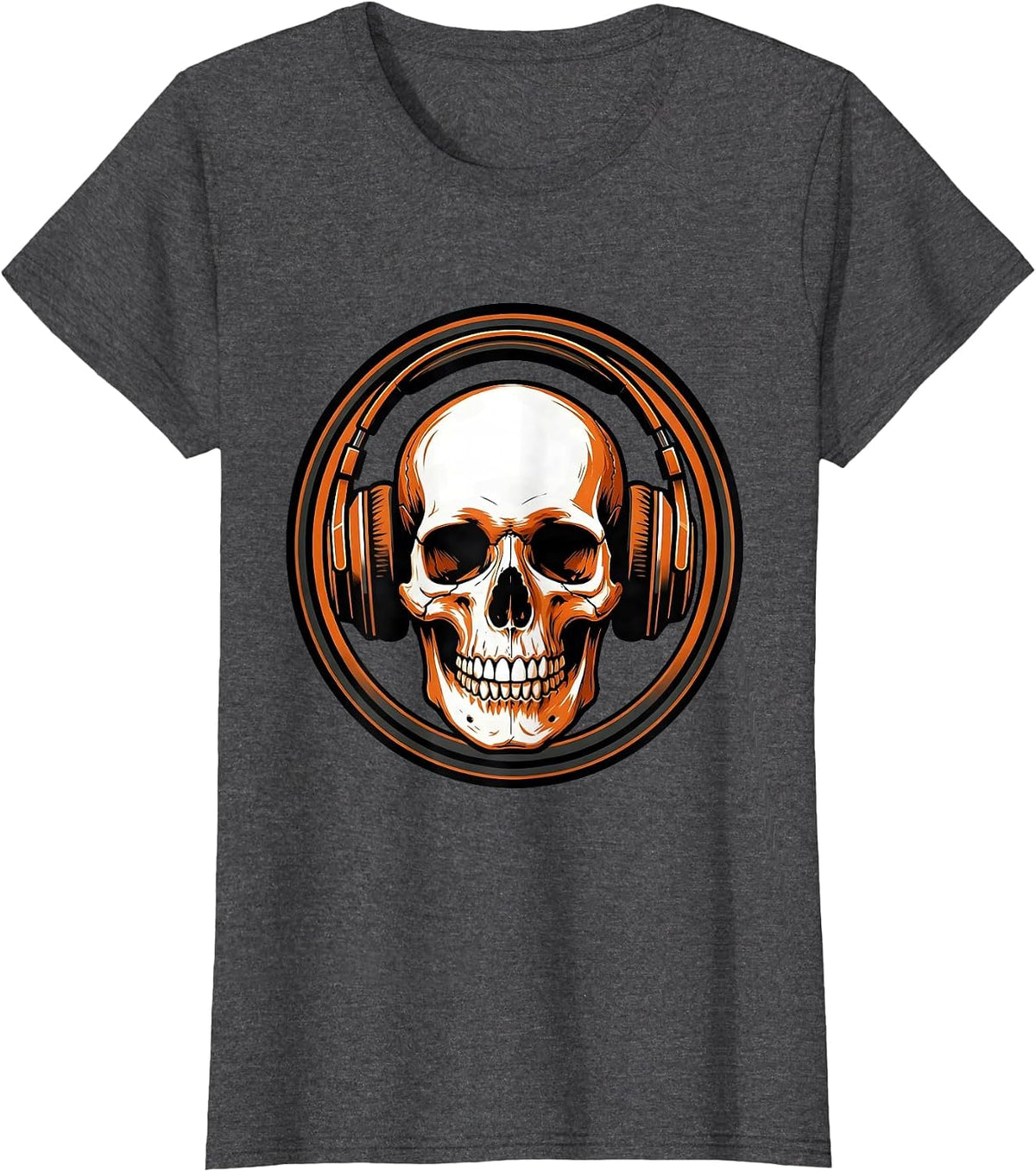 Women's Skull With Oversized Headphones Graphic Tee T-Shirt - Dark Heather Grey
