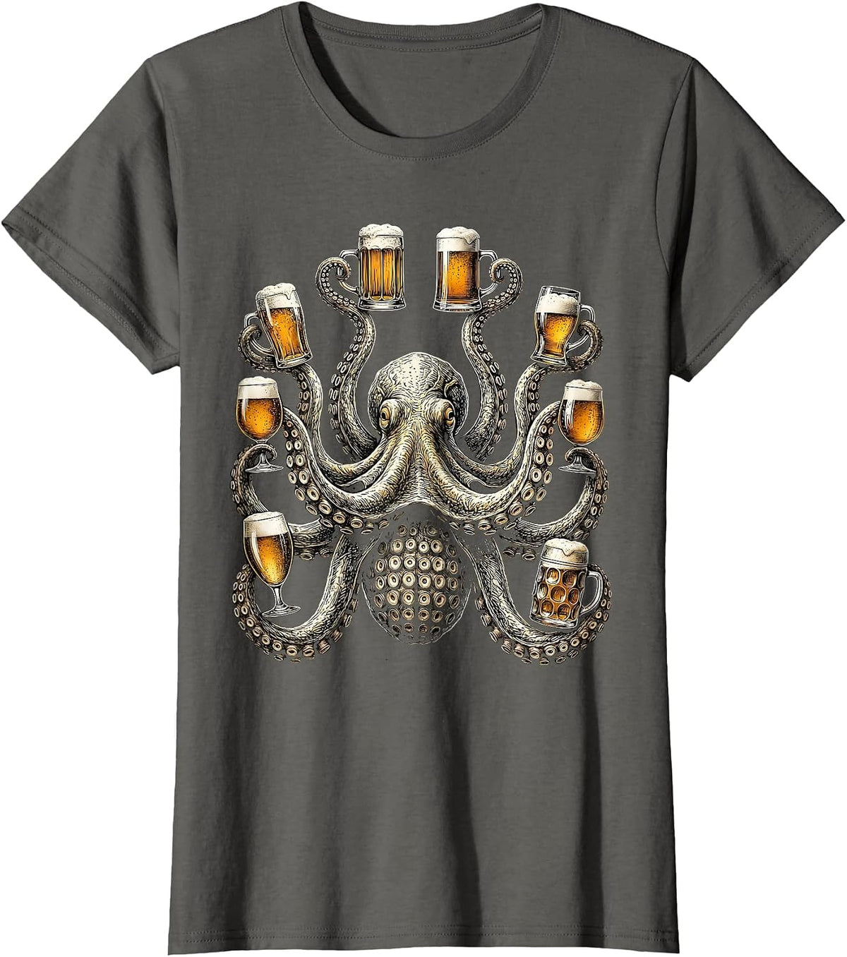Octopus Holding Eight Beers Funny Drinking Art T-Shirt, Women, Asphalt Grey, X-Small - As Pictured