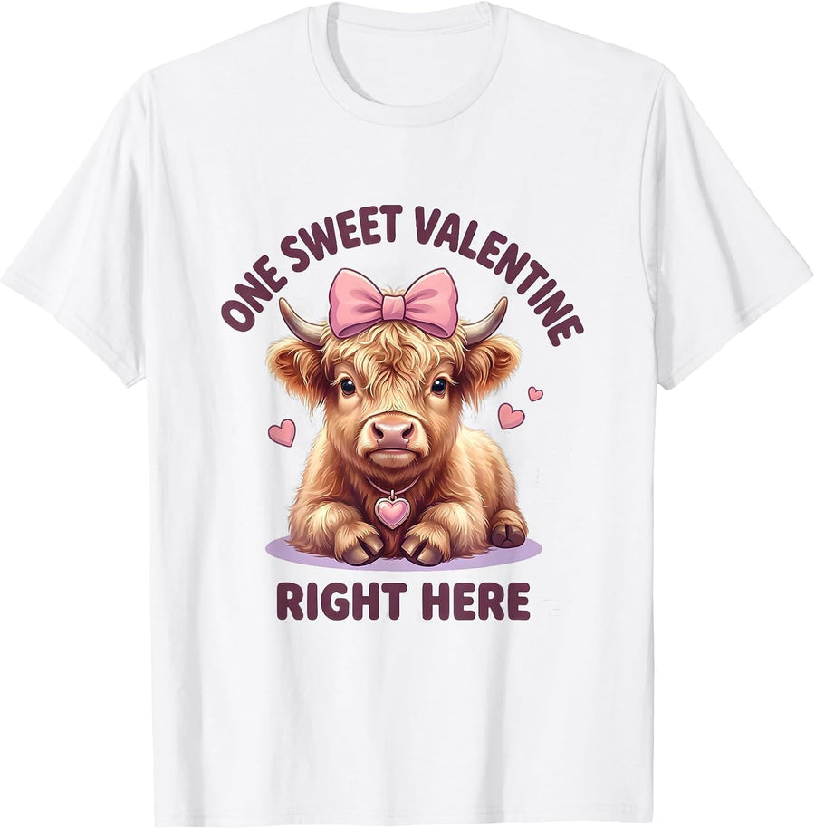 One Sweet Valentine Right Here Cute Kawaii Highland Cow T-Shirt - White