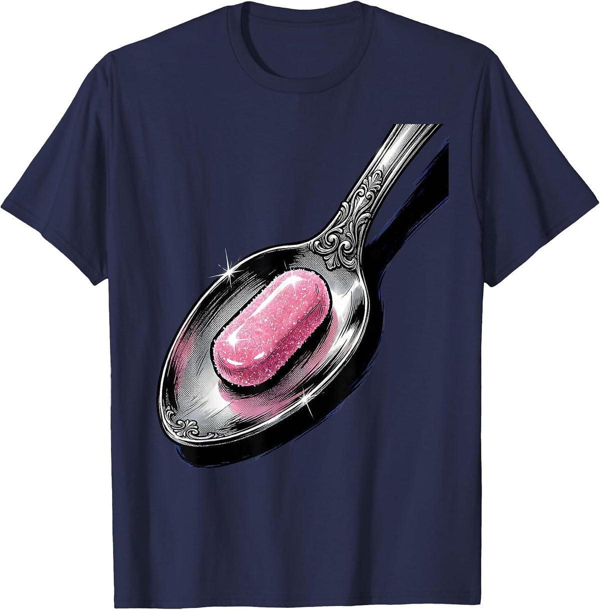 Men's White Lies Sugar-Coated Pill Ornate Spoon Design T-Shirt - Navy Blue
