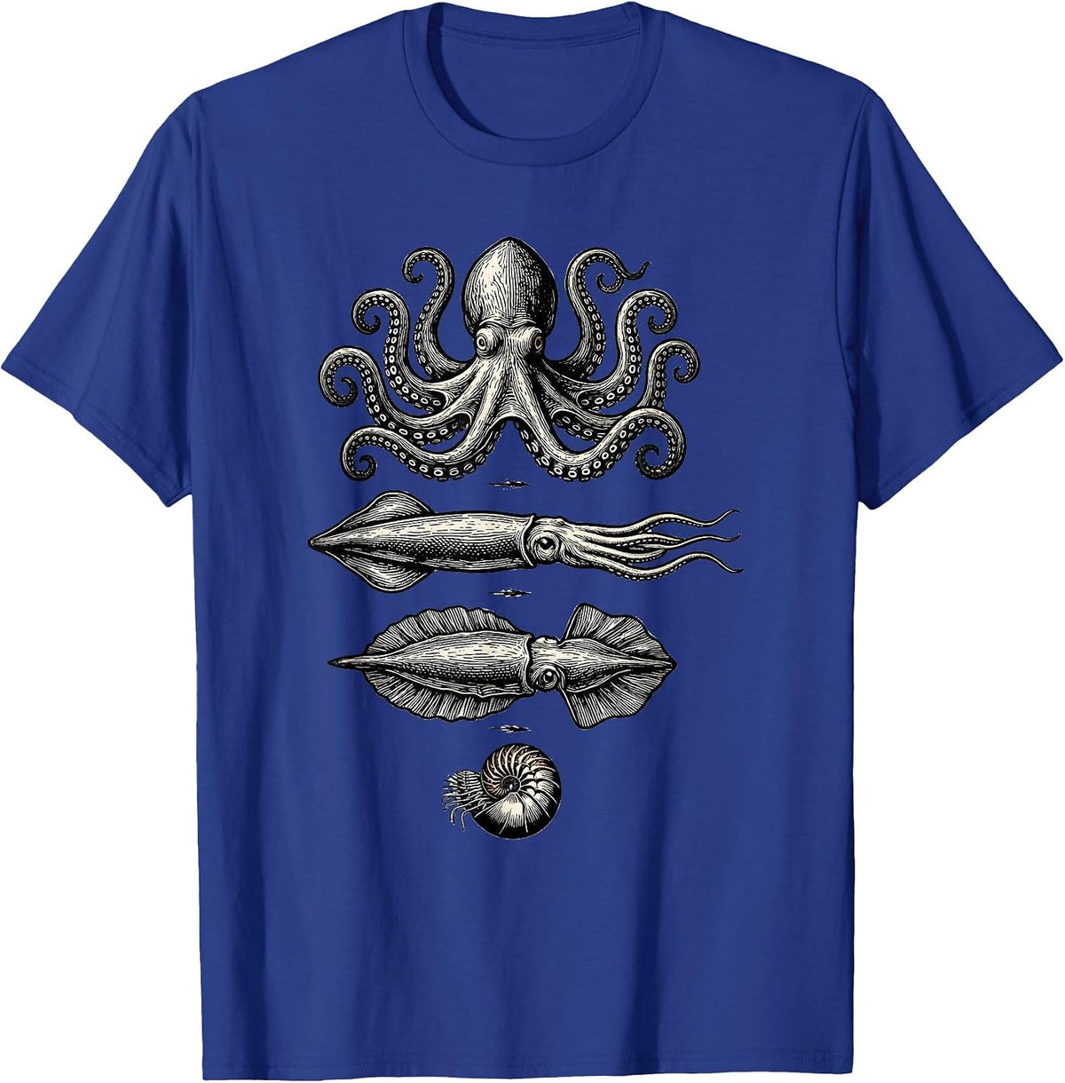 Men's Cephalopod Studies Woodcut Engraving Octopus Lover T-Shirt - Royal Blue