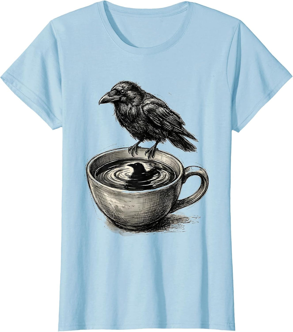 Women's Crow Reflection Dark Coffee Surface Illustration T-Shirt - Baby Blue