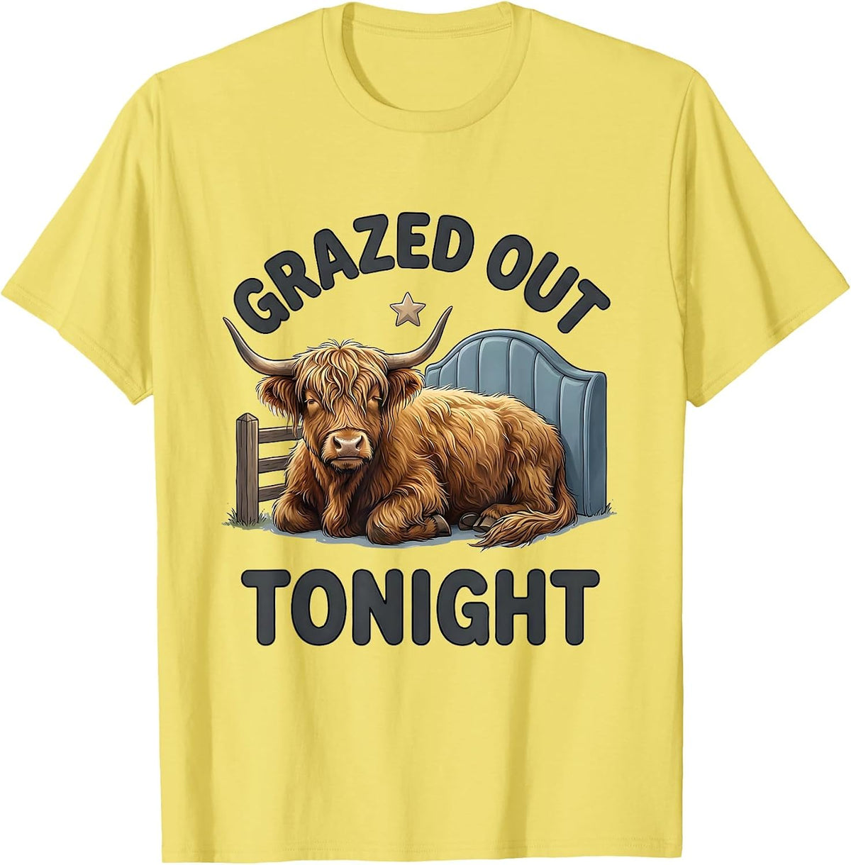 Men's Grazed Out Tonight Soft Cartoon Highland Cow Sleepwear Humor T-Shirt - Lemon Yellow