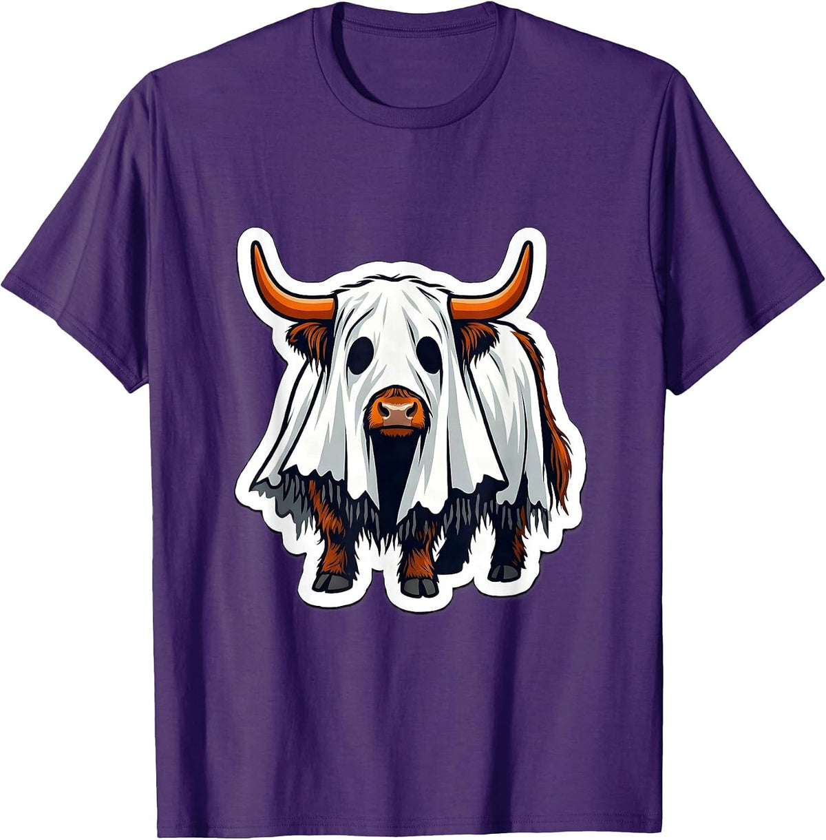 Men's Leaning Ghost Sheet Highland Cow Halloween Spooky Season T-Shirt - Purple