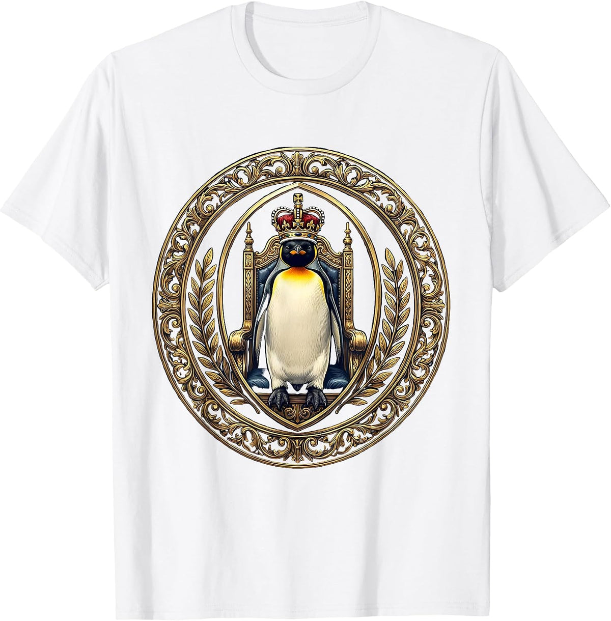 Men's Royal Penguin King Seated on Throne Illustration T-Shirt - White